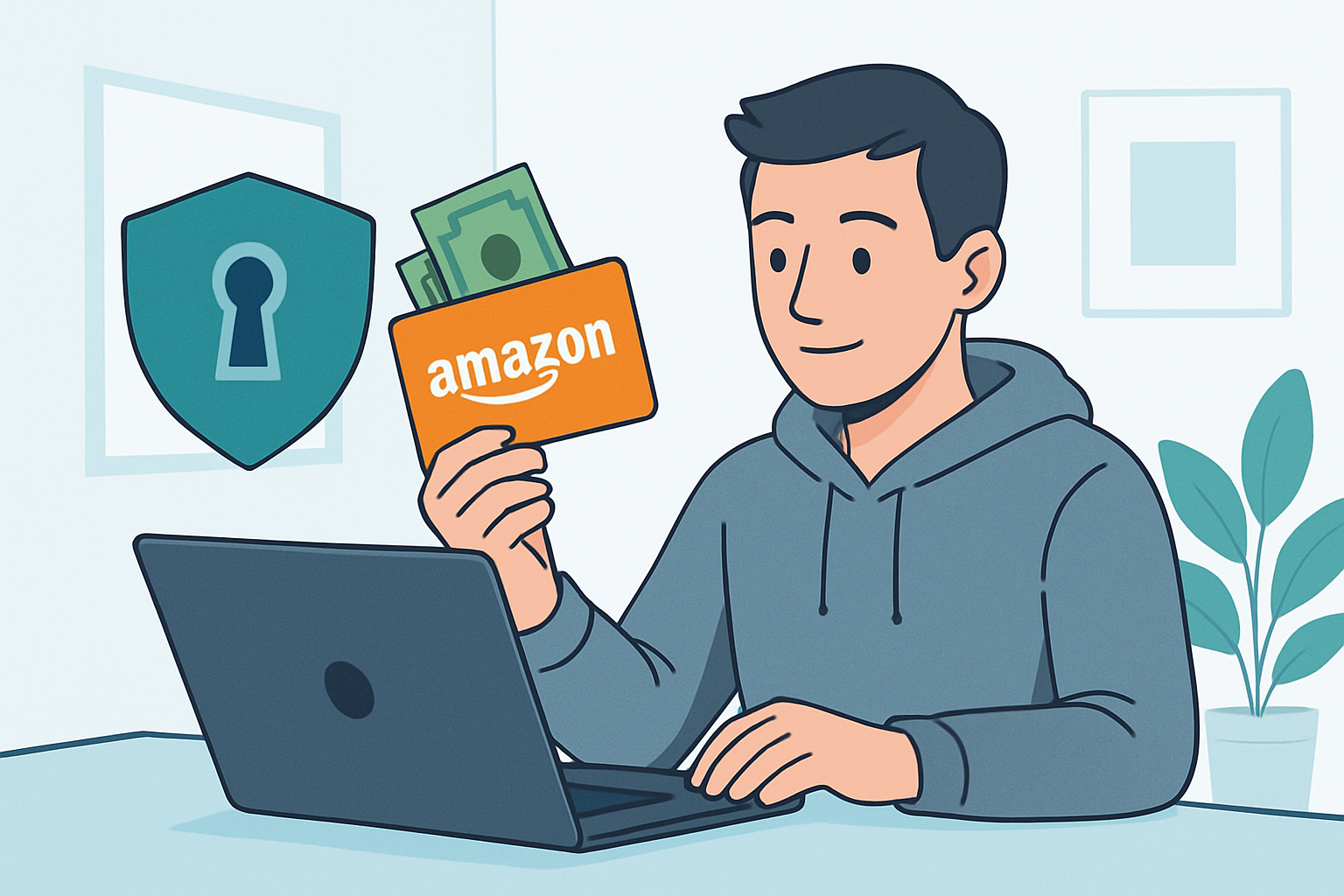 Amazon-Gutschein mit Datenschutz-Symbol, illustriert anonymes Shopping