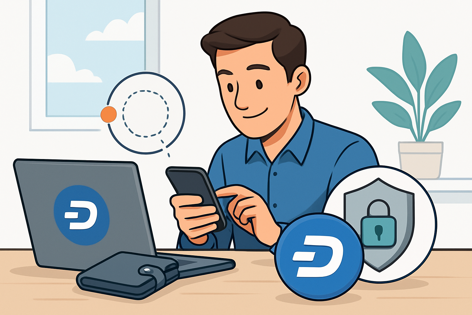 Dash-Logo mit PrivateSend-Feature, illustriert anonyme Kryptowährung mit CoinJoin-Technologie