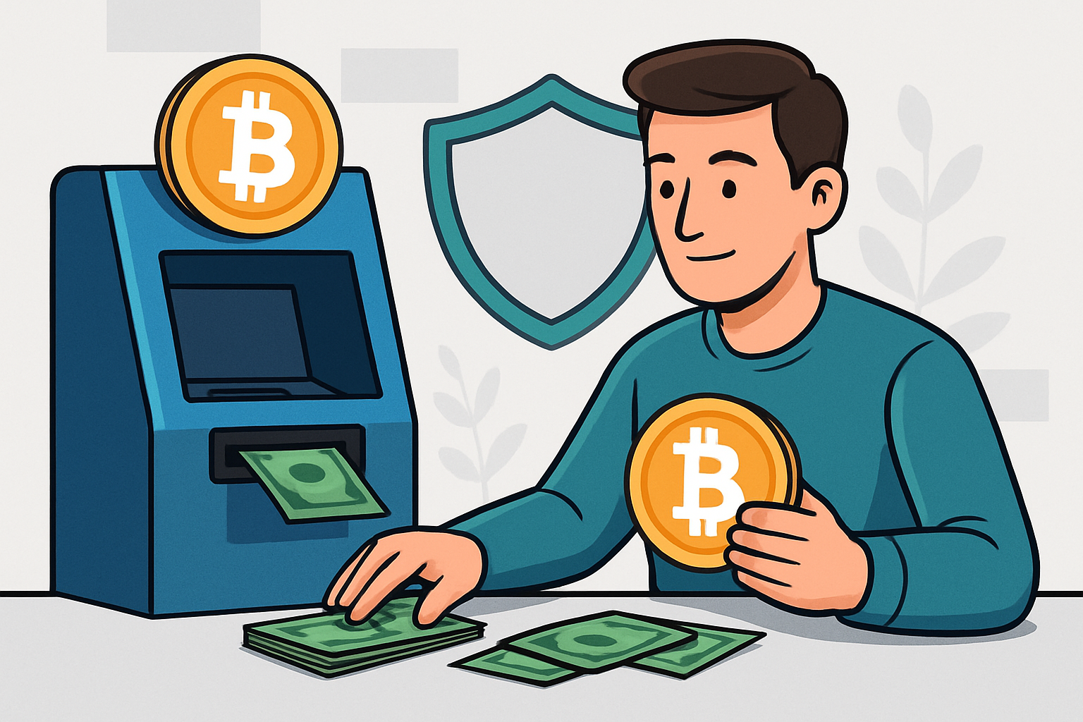 Kryptowährungsmünzen werden anonym in Bargeld gewechselt mit Datenschutz-Symbol