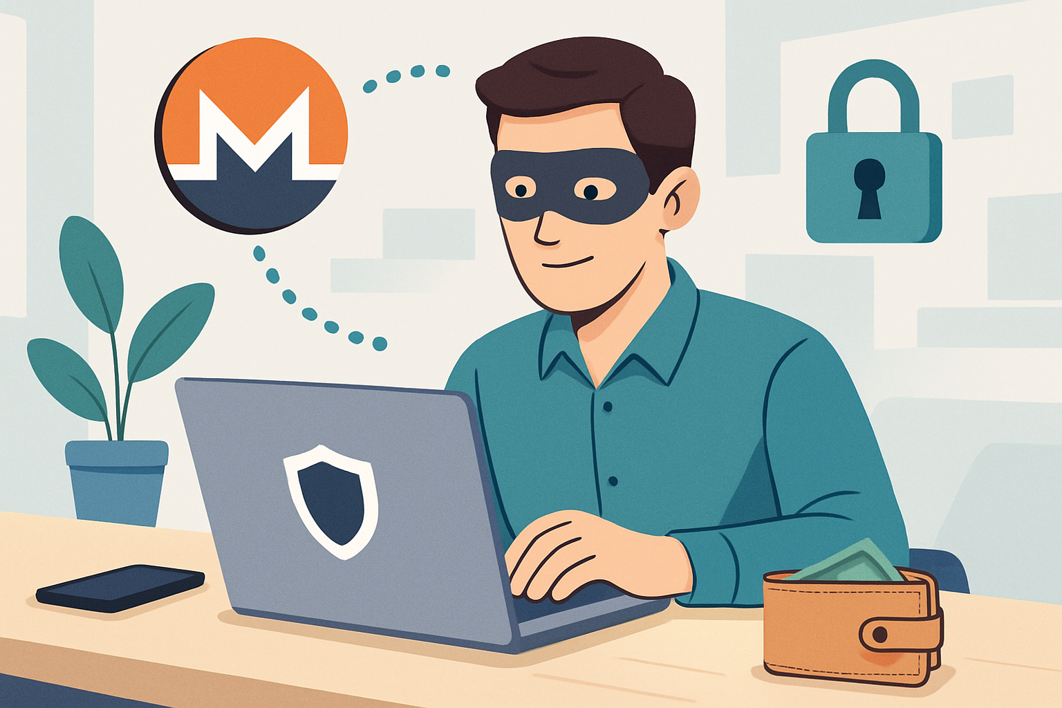 Monero-Logo mit Datenschutz-Symbol, illustriert anonyme Kryptowährung