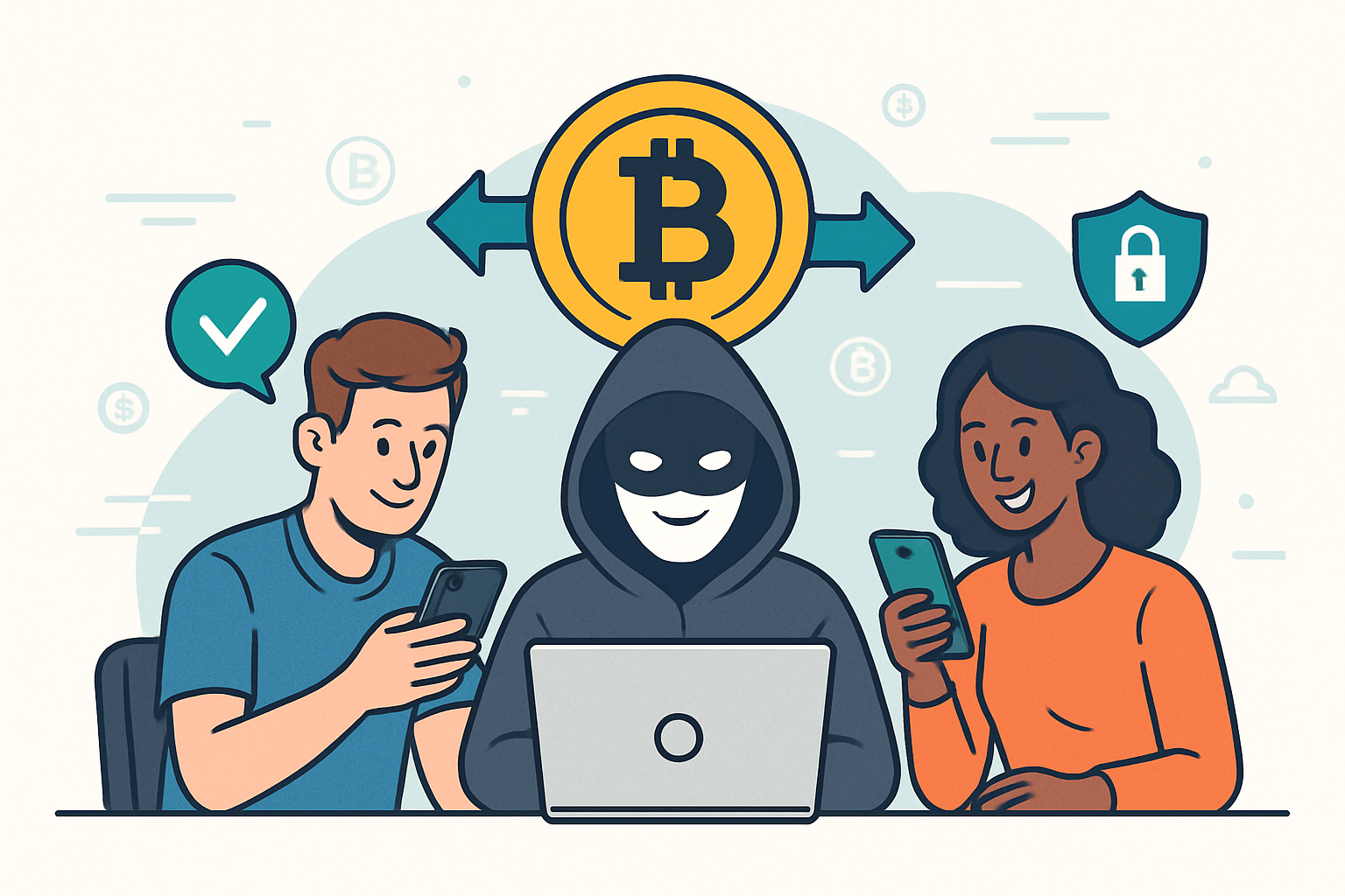 Zwei Personen tauschen Kryptowährungen direkt, illustriert P2P-Krypto-Handel